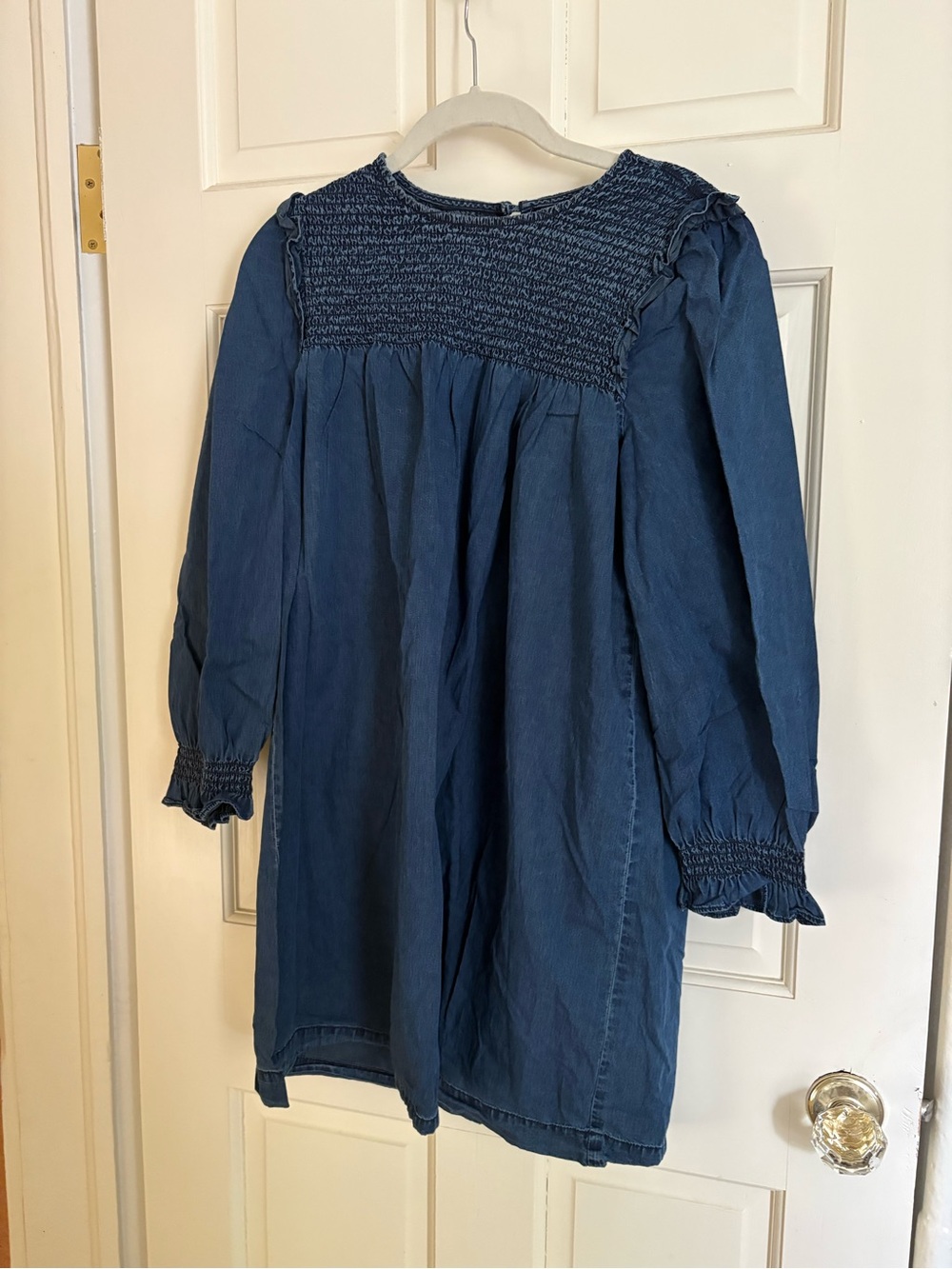 Madewell Ruffle-Neck Smocked Long Sleeve Blue Dress